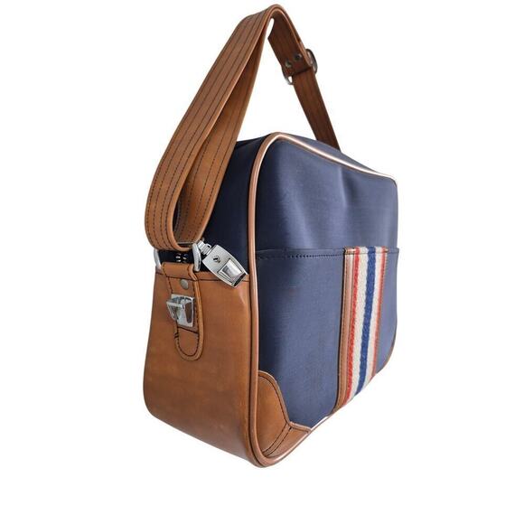 VTG American Luggage Striped Travel Bag Adjustable Strap Blue Brown Vinyl Trim - Picture 6 of 9